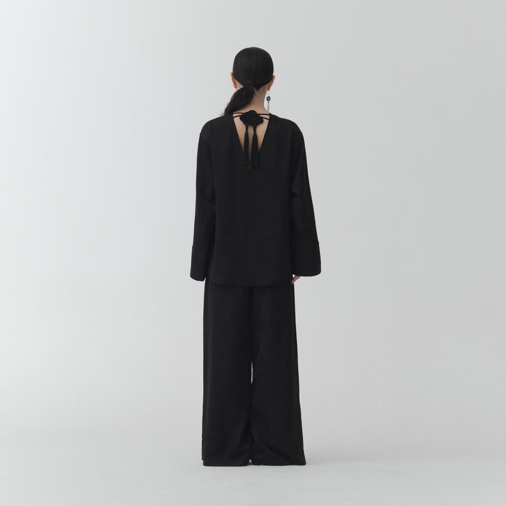 Jacquard Wrap Blouse – Black Floral Wool Blend BL02