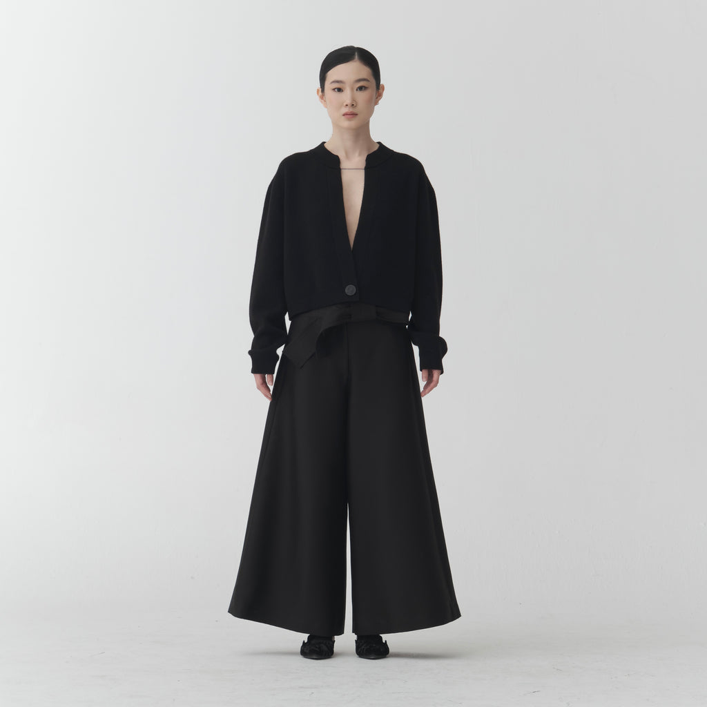Wool Cashmere Cardigan – Black Mandarin Collar KN06
