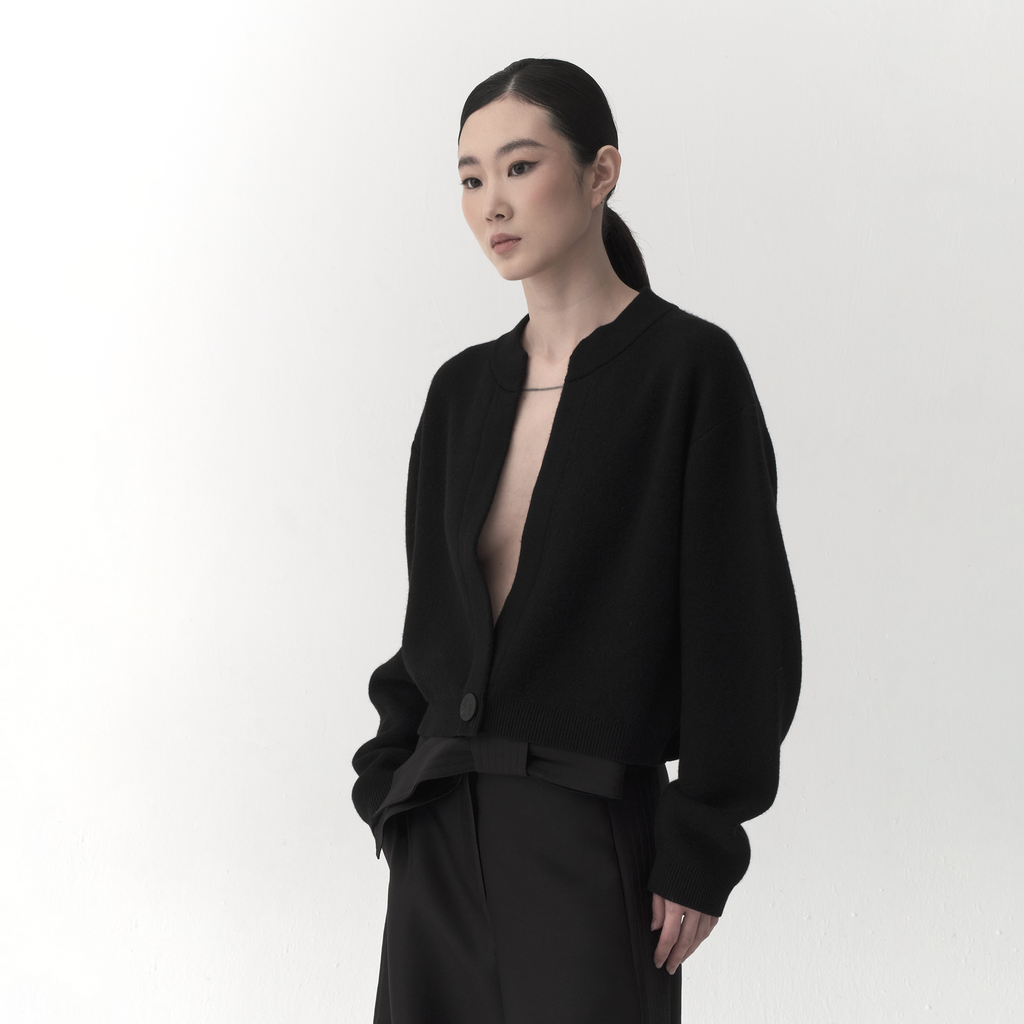 Wool Cashmere Cardigan – Black Mandarin Collar KN06