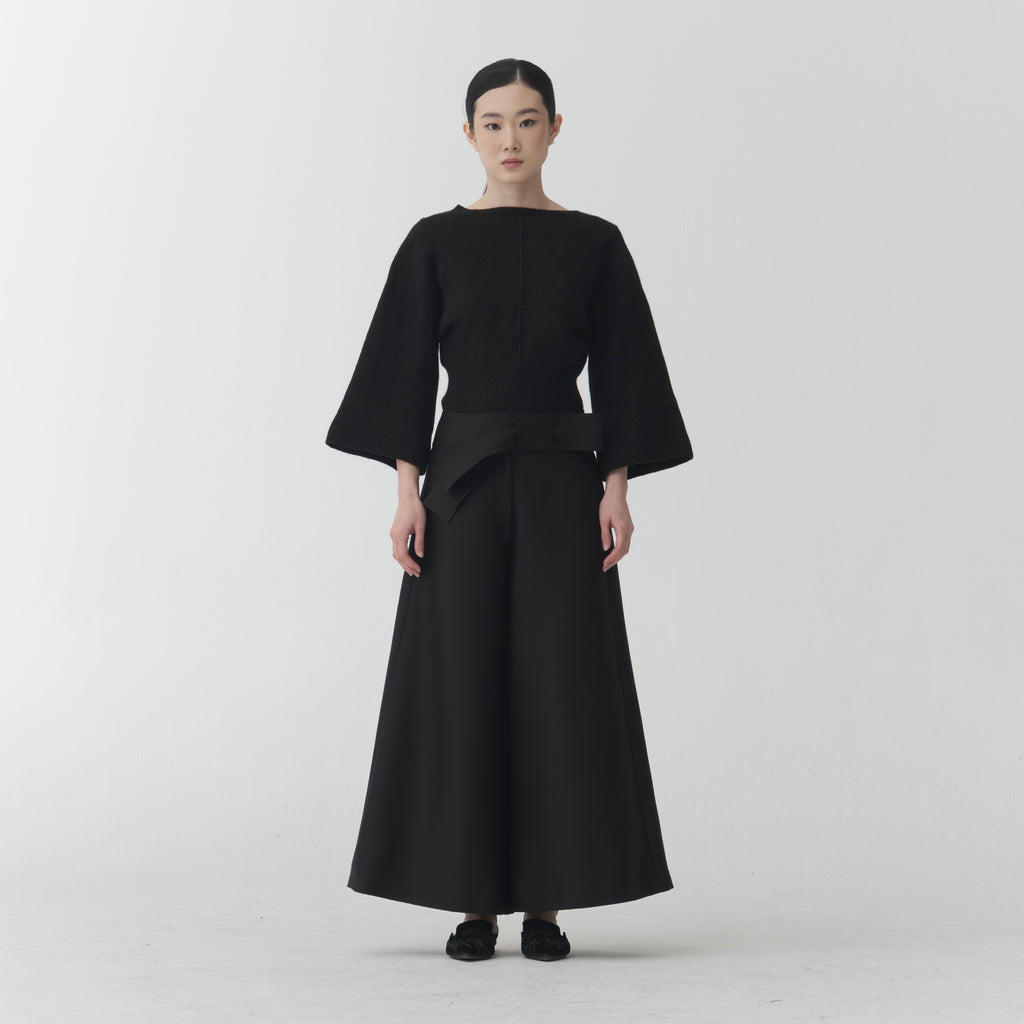 Wool Pullover – Black Boiled Wool Boat Neck KN04