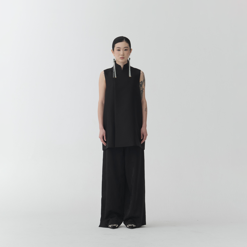 Wool Silk Mandarin Dress – Black A-Line Dress DR03
